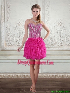 2015 Beautiful Sweetheart Hot Pink Dama Dresses with Beading and Ruffled Layers