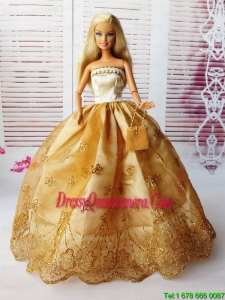 Lovely Ball Gown Handmade Gold Appliques Barbie Doll Dress