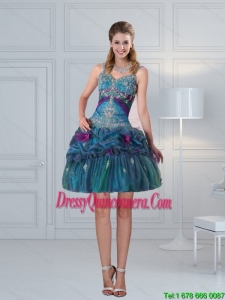 2015 Beautiful Ball Gown Straps Multi Color Embroidery Dama Dresses with Hand Made Flower