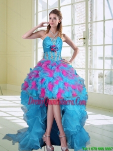 2015 Beautiful High Low Strapless Ruffled Dama Dresses with Hand Made Flower