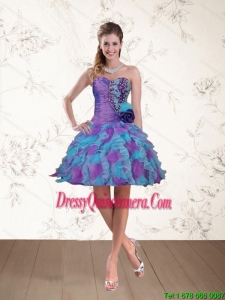 2015 Beautiful Spring Sweetheart Beaded Multi Color Dama Dresses with Hand Made Flower