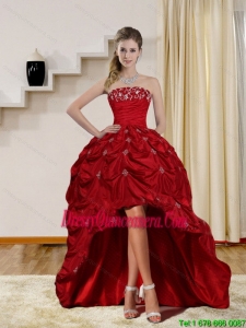 2015 Beautiful Strapless Red Dama Dresses with Embroidery and Pick Ups