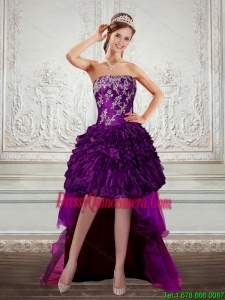 Beautiful Dark Purple Strapless Dama Dresses with Embroidery and Ruffles