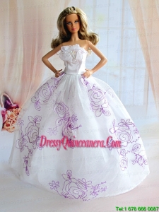 Embroidery Decorate White Taffeta Ball Gown Barbie Doll Dress