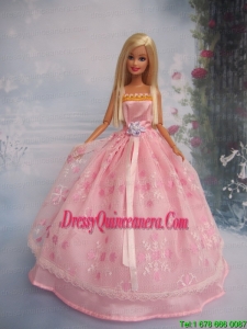 Hand Made Flower Lace Pink Ball Gown Barbie Doll Dress