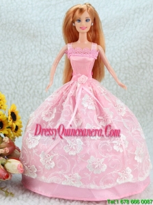 Lovely Baby Pink Ball Gown Straps With Sash and Lace Party Clothes Fashion Dress For Noble Barbie