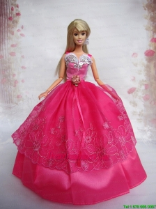 Lovely Hot Pink Ball Gown Taffeta and Organza Barbie Doll Dress