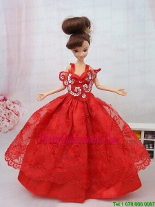 New Beautiful Ball Gown Red Lace Handmade Party Clothes Fashion Dress for Noble Barbie