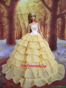 Ruffled Layers Decorate Ball Gown Light Yellow Barbie Doll Dress