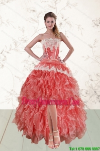2015 Beautiful High Low Ruffled Strapless Dama Dresses in Watermelon
