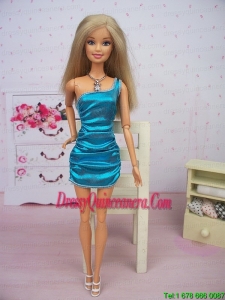 Teal Fashion Sequin Party Dress With One Shoulder Mini-length Made To Fit the Barbie Doll
