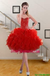 2015 Beautiful Sweetheart Ruffled Red Dama Dresses with Beading