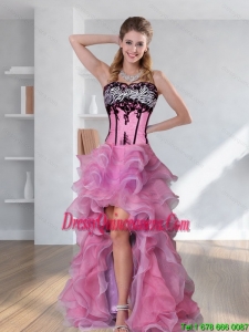 2015 Popular Zebra Printed Strapless High Low Rose Pink Dama Dresses with Embroidery