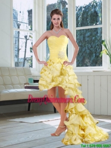 Popular Light Yellow Sweetheart High Low Dama Dress with Beading and Ruffled Layers