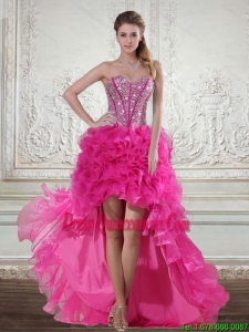 2015 Hot Pink High Low Sweetheart Dama Dresses with Beading and Ruffled Layers