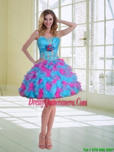 2015 Popular Ball Gown Strapless Ruffled Dama Dresses with Hand Made Flower