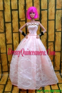 Baby Pink Gown For Barbie Doll With Lace and A Line