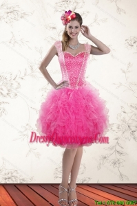 Beautiful Hot Pink 2015 Straps Dama Dresses with Beading and Ruffles