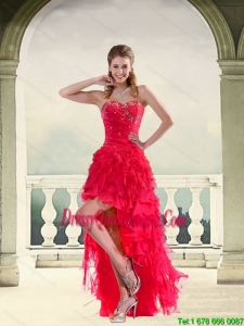 Coral Red Ball Gown Strapless Dama Dresses with Ruffles and Beading