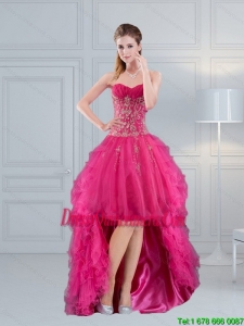 High Low Sweetheart Hot Pink 2015 Popular Dama Dress with Embroidery and Beading