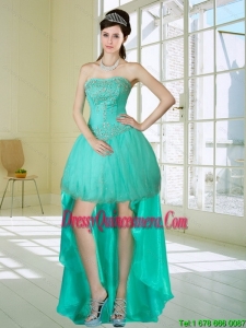 Popular Apple Green Strapess High Low Dama Dresses with Embroidery and Beading