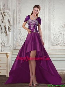 Popular Dark Purple High Low Strapless Embroidery Dama Dresses for 2015 Spring