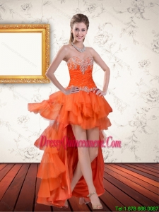 Popular High Low Sweetheart Orange Dama Dresses with Ruffles and Beading