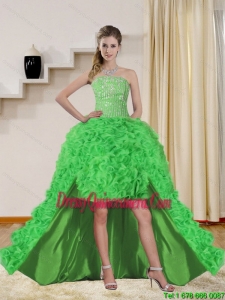 2015 Beautiful Spring Green High Low Dama Dresses with Beading