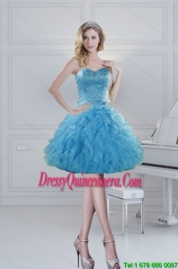 2015 Popular Ball Gown Baby Blue Beading Dama Dresses for Spring