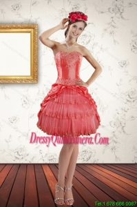 2015 Popular Strapless Coral Red Dama dress with Ruffled Layers