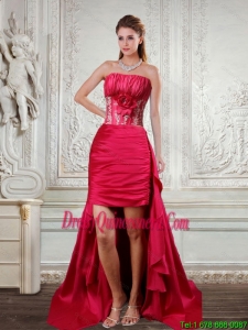 High Low Strapless Ruffled Coral Red Dama Dresses with Hand Made Flower