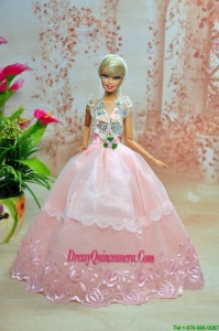 Luxurious Baby Pink Appliques With Flooe-length Wedding Dress For Barbie Doll