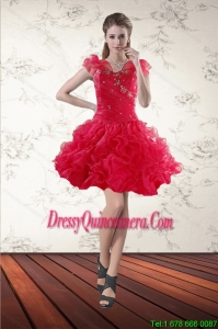 Popular Beaded Sweetheart Red 2015 Dama dress with Ruffled Layers