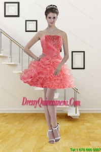 Popular Ruffled Watermelon Red Strapless 2015 Dama dress with Beading