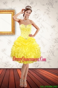Popular Sweetheart Beaded and Ruffled Yellow Dama Dresses for 2015 Spring