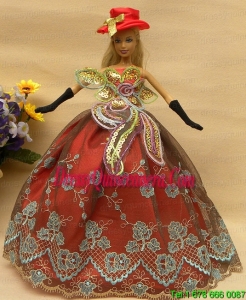 Pretty Appliques Rust Red Strapless Party Clothes Fashion Dress for Noble Barbie