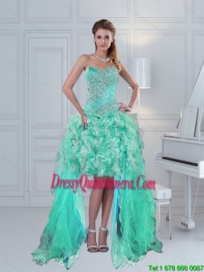 Pretty High Low Sweetheart Ruffled Beaded Dama Dress in Apple Green