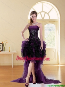 Pretty Multi Color High Low Strapless Beading Ruffled Short Dama Dresses for 2015