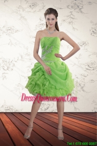Spring Green Strapless Prom Dresses with Ruffles and Beading