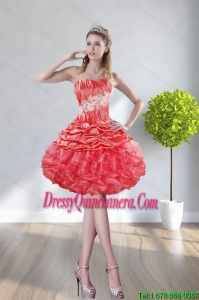 2015 Popular Strapless Watermelon Red Dama Dresses With Appliques and Ruffles