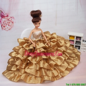 Luxurious Ball Gown Asymmetrical Gold Ruffled Layeres Clothes Party Fashion Dress For Noble Barbie