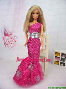 Luxurious Mermaid Asymmetrical Hot Pink Beaded Over Skirt Party Clothes Fashion Dress For Noble Barbie
