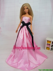 Luxurious Rose Pink Sash With Party Dress For Barbie Doll