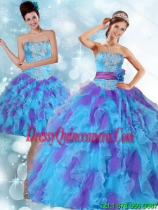 2015 Beaded Strapless Multi Color Quinceanera Dresses with Ruffles and Sash