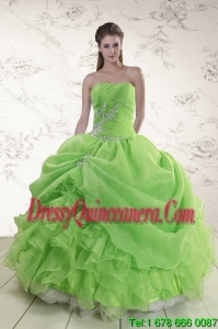 2015 Brand New Spring Green Strapless Sweet 15 Dresses with Ruffles and Beading