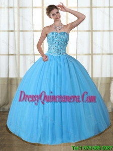 2015 Gorgeous Baby Blue Strapless Quinceanera Dress with Beading