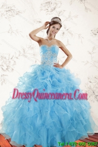 2015 Elegant Baby Blue Quince Dresses with Appliques and Ruffles