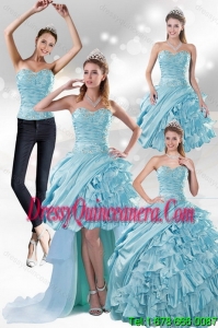 2015 Detachable Custom Made Aqua Blue Quiceanera Dresses in Taffeta