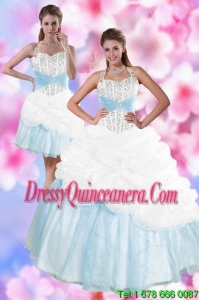 2015 Detachable Multi Color Halter Top Quince Dresses with Pick Ups and Beading