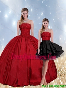2015 Detachable Strapless Beaded Quinceanera Dress in Red and Black